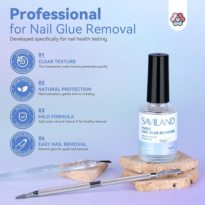 SAVILAND Nail Glue Remover: Quick Gel Glue Remover for Press On Nails Acrylic Removal Glue On Nails with Cuticle Pusher Castor Oil Vitamin E Manicure Fork Easy to Use Home Salon