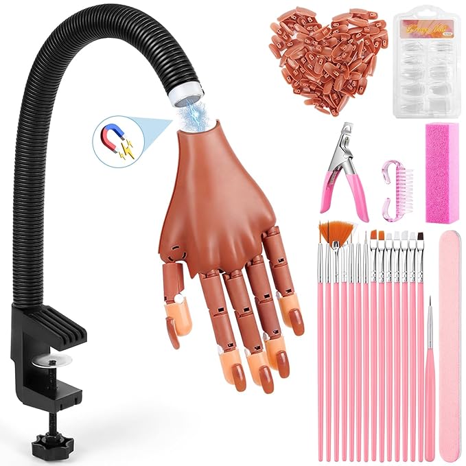 Magnetic Practice Hand for Acrylic Nails Detachable Mannequin Hand Movable Fake Hand for Trainning Manicure Hand with Flexible Fingers, Nail Tips, Brushes, Files and Clipper for Beginners Salon Home