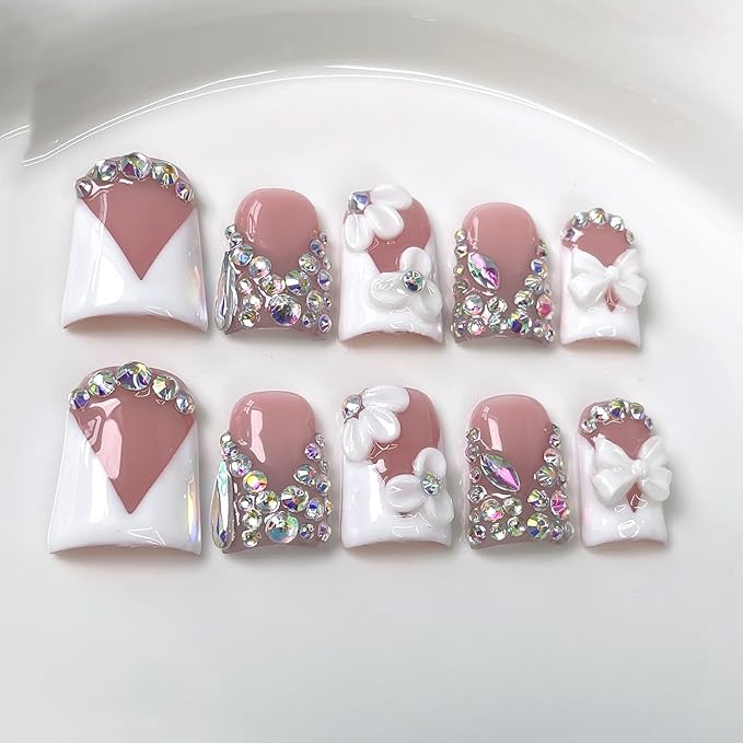 10Pcs Short Duck Press on Nails Handmade Fake Nails French Tip False Nails with 3D Flower Bow Rhinestone Design Handmade Acrylic Nails Press onsSpring Summer Flower Stick on Nail for Women (M)