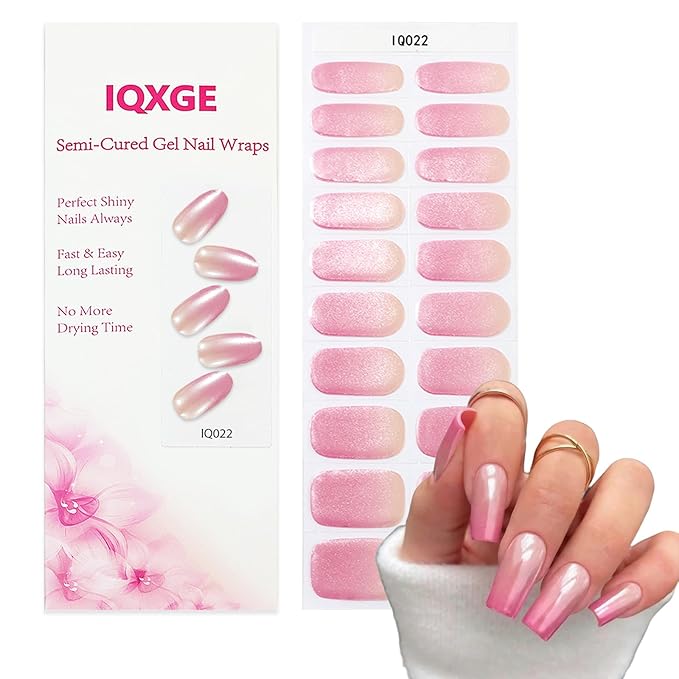 Chrome Hot Pink Semi Cured Gel Nail Strips 20Pcs Glitter UV Gel Nail Stickers Glossy Ombre Nails Polish Strips UV/LED Light Needed Self Adhesive Full Polish Nails Wraps for Women