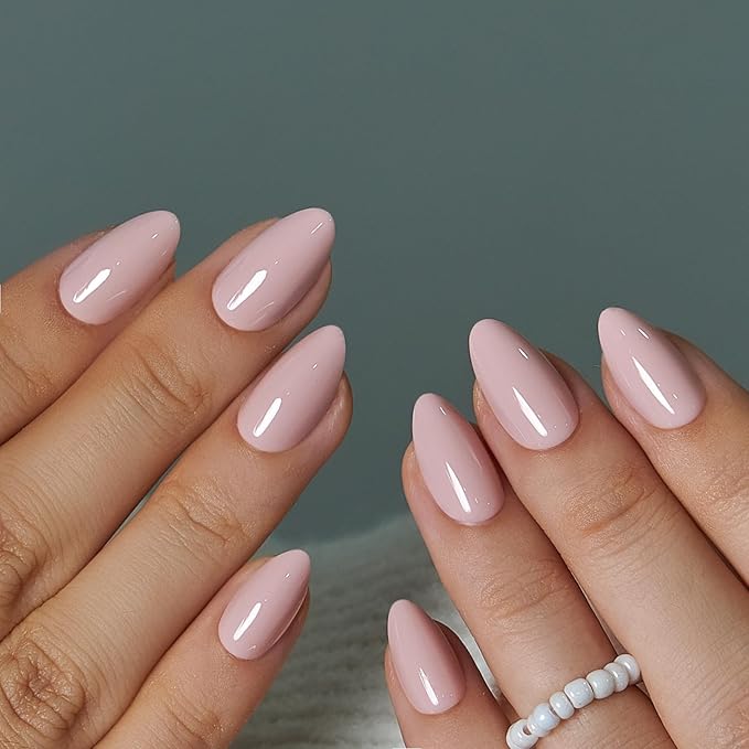 Curvlife Press On Nails Medium Almond Pink - Milky Pink Press on Nails with Glue, Glossy Nude Pink Solid Color Fake Nails Long Lasting False Nail Tips for Women Girls