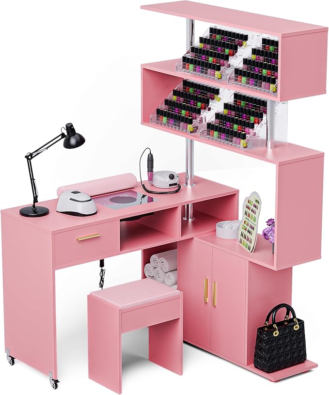 Manicure Table Nail Desk with Stool, L-Shaped Nail Tech Desk with Dust Collector, Two-Way Drawer, Cabinet & Storage Shelves, Rotating Reversible Manicure Workstation on Wheels (Pink)