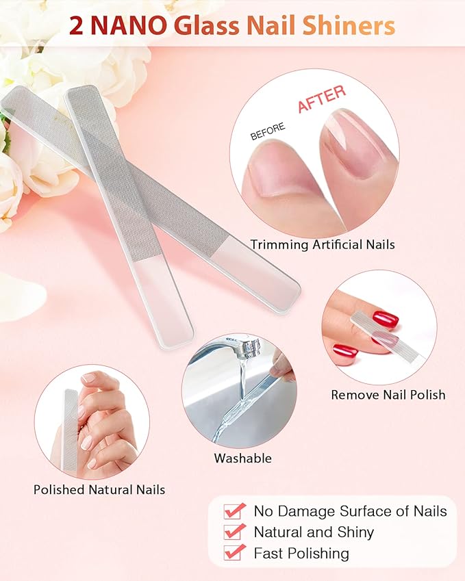 Glass Nail File and Nail Shiner, 4PC Crystal Nail File and Nano Glass Nail Buffer, Premium Set with Case, Professional Manicure Tool Fingernail Czech File for Natural Nail, Gift for Women and Girls