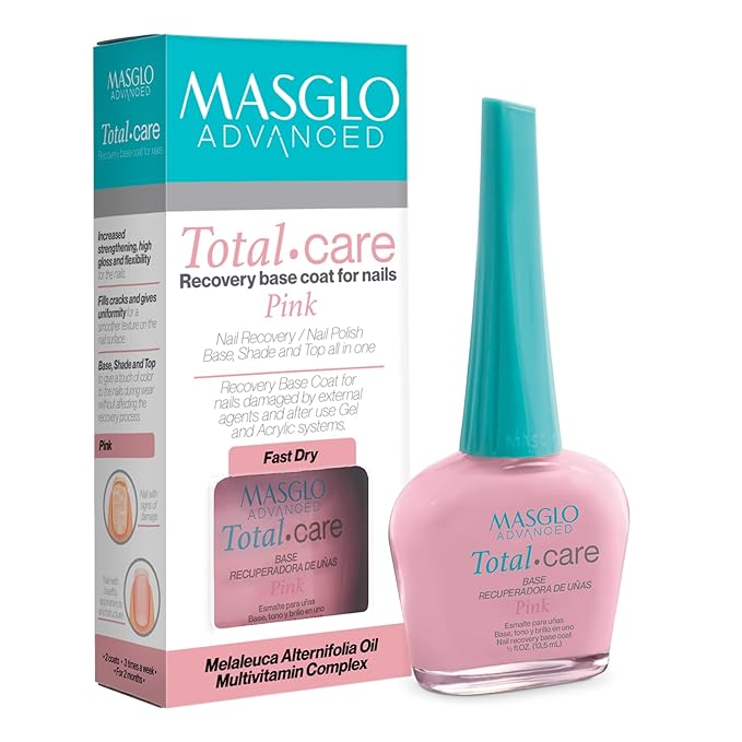 MASGLO Advanced Total Care Nail Strengthener – Post Gel Damage Recovery Treatment, 13-Free Vegan Fast-Dry Thickening Repair with Tea Tree Oil & Vitamins, Base Coat, Pink Tone & Shine (3in1)