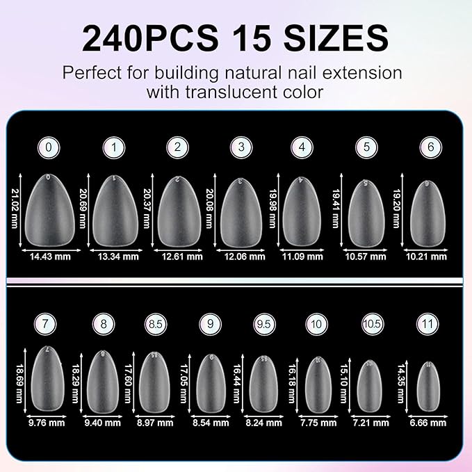 Short Almond Nail Tips, 240Pcs Acrylic Double-Sided Matte Press-On Nails, Clear Soft Fake Nails for Nail Art Salon, Gel Polish & Manicure, 15 Sizes, Pre-Shaped, Full Cover, Perfect for DIY