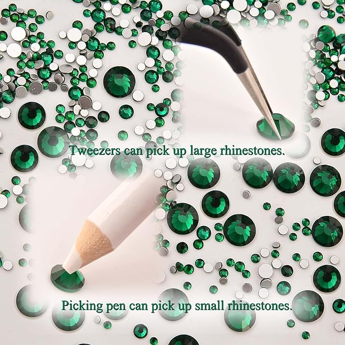 NCB 8000pcs Non Hotfix Rhinestones 10 Sizes Flatback Crystal Glass Rhinestones with Tweezers and Picking Pen for Nail Art Clothes Bags Phone Decorations Crafts DIY (010 Emerald Mix SS3-SS30)