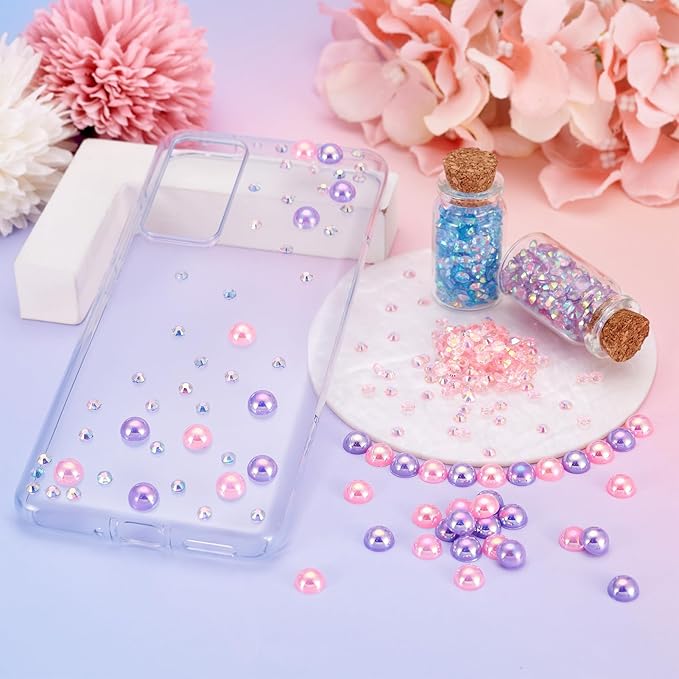 Flatback Resin Pearls Rhinestones Mermaid Nail Gems AB Color Faux Pearl Beads Rhinestone Cabochons Iridescent Nail Tooth Face Gems for Nail Art Jewels Makeup Decoration