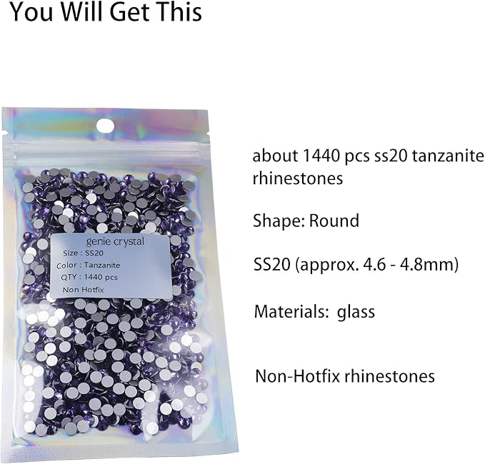 Genie Crystal ss20 1440 Pcs Purple Flatback Rhinestones, 10 Gorss 5mm Bling Tanzanite Glass Rhinestones Glue Fix Stone for Tumbler, Shoes,Clothes,Makeup,Nail Art,DIY Crafts