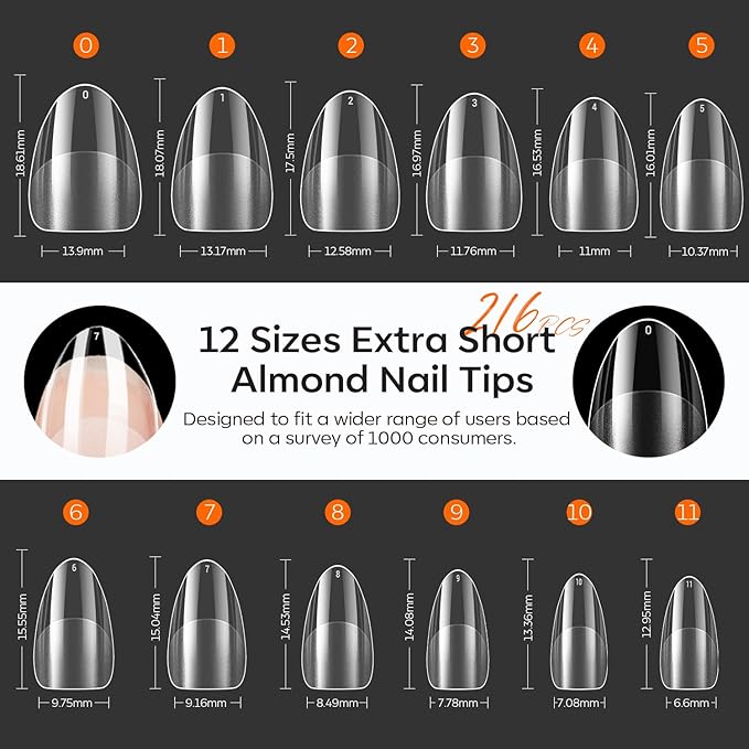 modelones Extra Short Almond Nail Tips, Pre-shaped Tips Gel Soft Fake Nails False Acrylic Clear Full Cover Press on Extension Kit Gel Manicure DIY at Home 216PCS 12Sizes