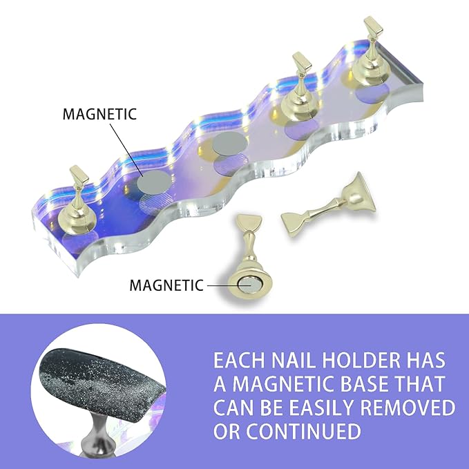 2 Sets Nail Stand for Press Ons Magnetic Acrylic Nail Holder with 100 Pcs Reusable Double Sided Stickers,for Artistic Nail Display Stand Home and Nail Salon Supplies, Sea Blue