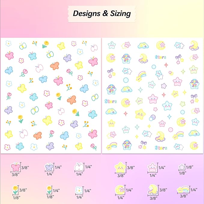 4 Sheets of 3D Nail Stickers - 289 Cute Nail Decals - Embossed Nail Stickers for Kids | Kawaii Theme - Butterfly, Flowers, Stars, Fruits, Bunny, Bears | Glow in The Dark