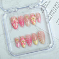 Gradient Flower Press on Nails Handmade Press on Nails French False Nails with 3D Floral Embossed Designs Medium Almond Fake Nails False Nails Thicked Acrylic Nail Stick on Nail for Women（Size M)