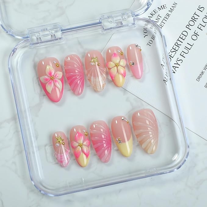 Gradient Flower Press on Nails Handmade Press on Nails French False Nails with 3D Floral Embossed Designs Medium Almond Fake Nails False Nails Thicked Acrylic Nail Stick on Nail for Women（Size M)