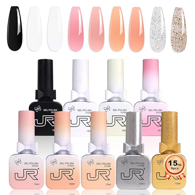 JR 9pcs 15ml Gel Polish Set Black Milky White Nude Jelly Pink Glitter Color Jelly Gel Polish Kit UV LED Soak Off Polish Nail Art Manicure Salon DIY Home