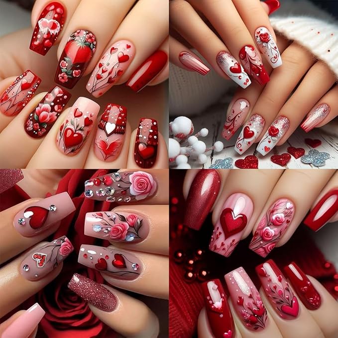 Valentines Day Nail Art Sticker for Nail Art 5D Embossed Love Heart Nail Stickers Gold Red Heart with Flower Rose Romantic Holiday Nail Art Supplies Cute Nail Decals for Women Manicure Accessories