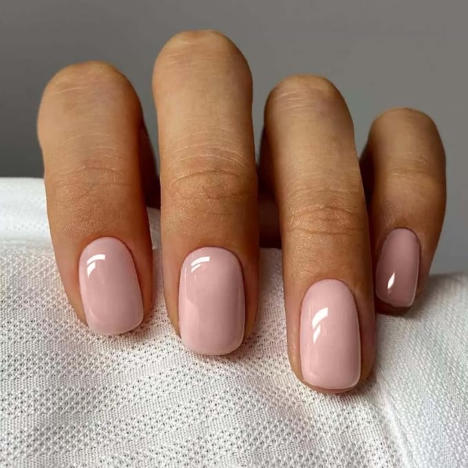 Short Press on Nails Square - Pink Fake Nails wtih Solid Color Design - Cute Acrylic Full Cover Stick on Press ons -for Women 24 Pcs