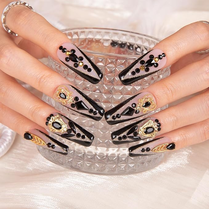 LOVFUL Press on Nails Obsidian Palace Black French Tip | Handmade with Full Covered Crystals | Reusable Full Cover Nails | Coffin Classic Regular 1.3 in | H165-M