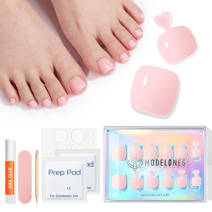 Modelones Press on Toenails Short, Soft Pink Toe Press on Nails Square, Reusable Nail Kit with Nail Glue Adhesive Tabs Mini Nail File, Toe Nails 36Pcs 18Sizes, Spring Women Girl Gift