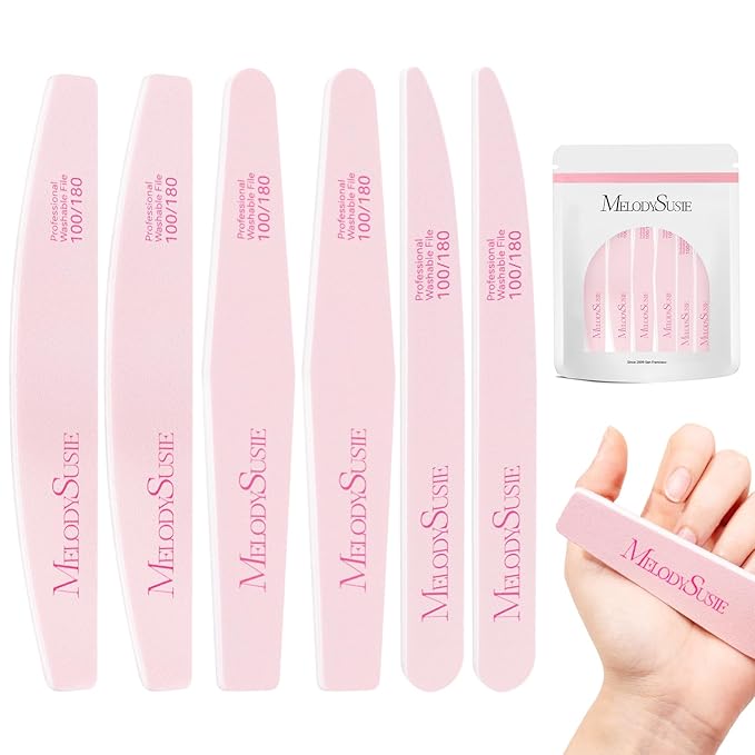 MelodySusie Nail File Kit, 6Pcs Double Sided 100/180 Grit Mixed-Shapee Emery Boards for Nails, Professional Manicure Pedicure Supplies for Home and Salon Use, Pink