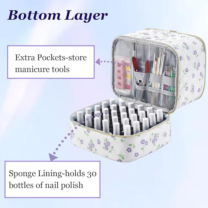 CTWWFS Nail Polish Organizer and Nail Lamp Case, Nail Kit Organizer Holds 30 Bottles (15ml - 0.5 fl.oz) and a Nail Lamp, Nail Polish Carrying Case with Manicure Tools Storage Sections (Purple Flower)