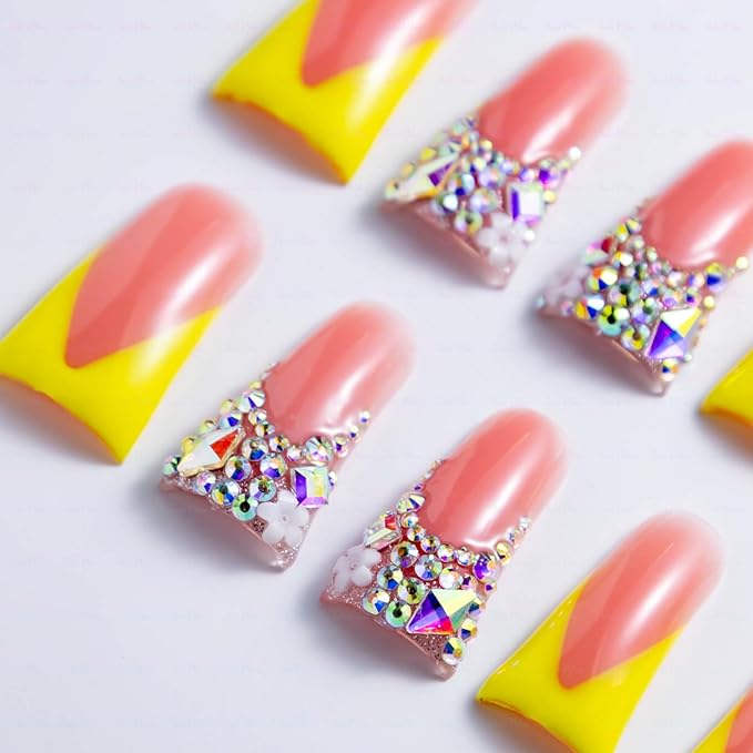 10 Pieces Luxury Acrylic Press On Nails Long Handmade Duck Nails, Yellow Thickened False French Nails, With Bling Rhinestones & Y2K Princess Vibes, Reusable Acrylic Nails (M)