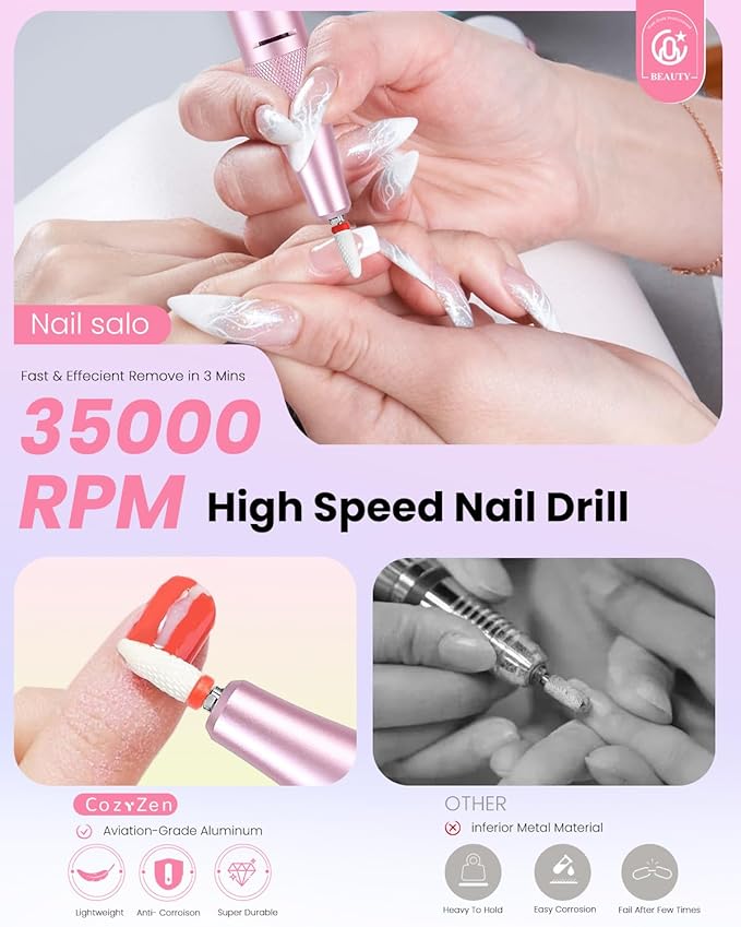 CozyZen Cordless Nail Drill Professional: 45000 RPM Rechargeable Electric Nail File Kit, Portable & Low Noise for Acrylic, Gel Nails, Manicure & Pedicure - Salon & Home Use (Pink & Purple)