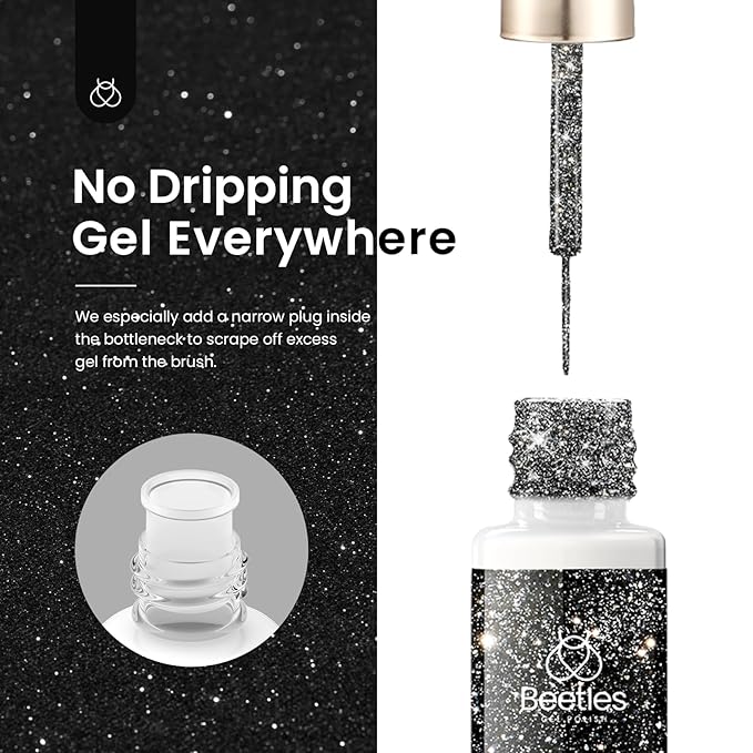 Beetles Reflective Glitter Gel Polish, 2 Pcs Liner Gel Nail Polish Set Black Silver Nail Art Glitter Soak off Uv Lamp Manicure Diamond Shinning Liner Nails Art Design Gifts for Women