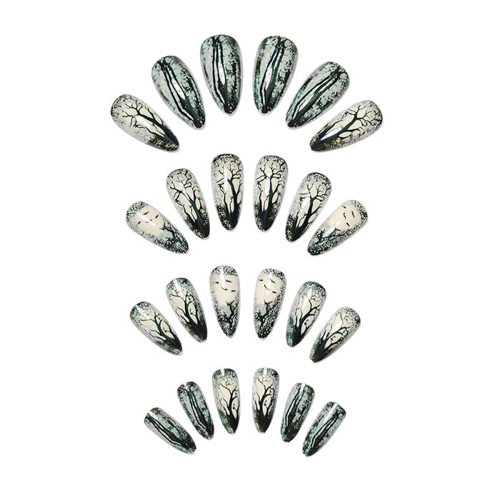 Halloween Acrylic Press on Nails, Black & White Dead Tree Fake Nails, Reusable Full Cover Stick on & Glue on Nails for Women 24Pcs