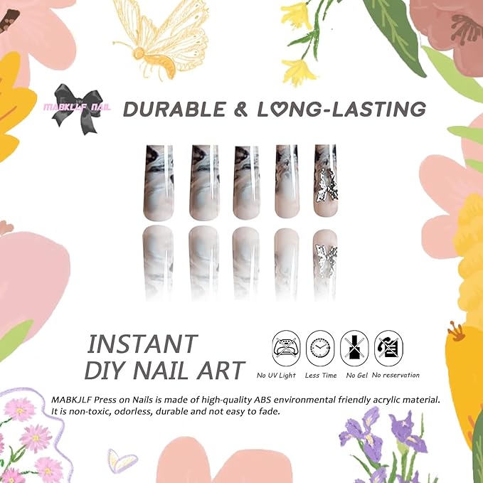 Long Coffin Press on Nails Y2K With 3D Butterfly Designs Black and White Full Cover Nude Acrylic False Nails for Women 24 Pcs