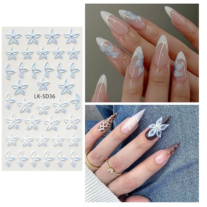 Flower Nail Art Stickers 5D Embossed Flower Nail Decals Spring Summer Blue Flowers Nails Design 3D Self-Adhesive Accessories for Women Nails DIY Decoration(5 Sheets)