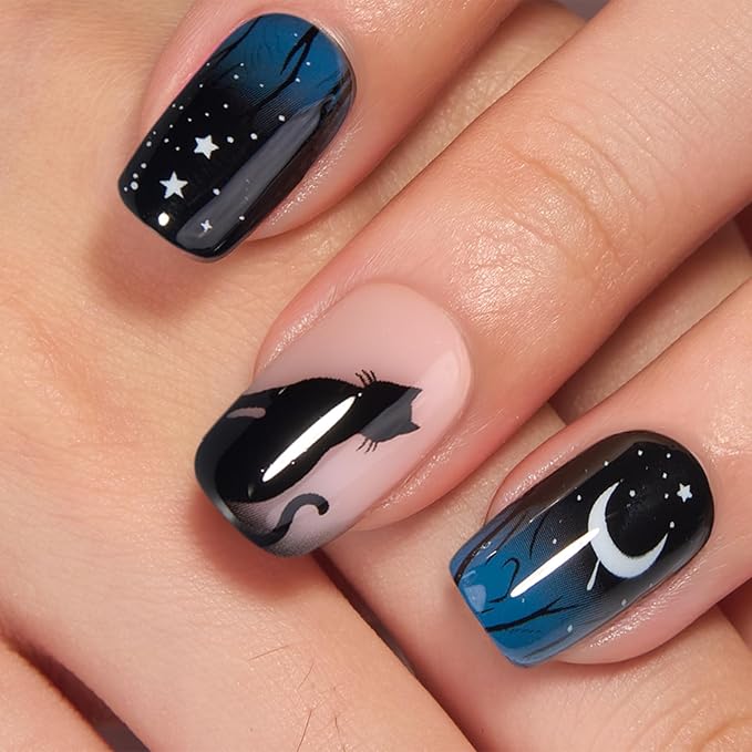 Curvlife Press on Nails Acrylic Fake Nails with Night Medium Square Design Full Cover False Nails for Women Reusable Nail Kit with Nail Glue Adhesive Tabs