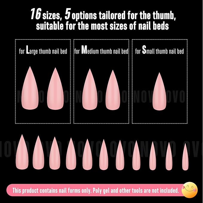 NOVO OVO Medium Long Stiletto Nail Tips (Baby Pink) - Pure Color Sharp Pointed Soft Gel Fake Nails, Pre-Colored Full Cover Press Ons for Acrylic Extension, 16 Sizes (224 Pcs)