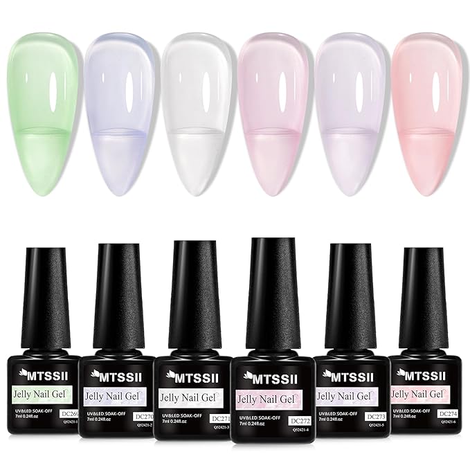 MTSSII 6PCS Jelly Gel Nail Polish Transparent Pink Green Violet Colors Sheer Nude Gel Polish Kit for Salon Gel Manicure and Nail Art DIY at Home