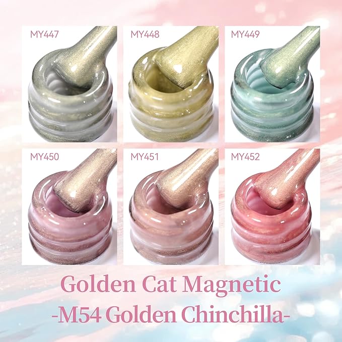 Born Pretty Golden Mirage Cat Magnetic Eye Gel Nail Polish Set,6 Colors Spring Summer Gold Glitter Pink Green Magnetic Gel Polish Kit Soak Off U V Gels DIY Art for Girls Women