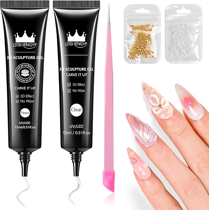 2Pcs 15g Pearl/Clear 3D Nail Gel No Wipe Craving 5D Embossed 3D Gel for Nails for Carving,Molding and Painting Nail Art Designs,Rhinestone Glue for Decoration