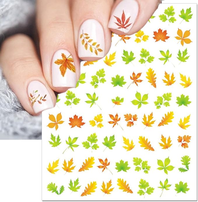 Fall Nail Art Stickers, Thanksgiving Day Laser Glitter Nail Decals, 3D Self-Adhesive Maple Ginkgo for DIY Nail Supplies Decoration(6 Sheets)