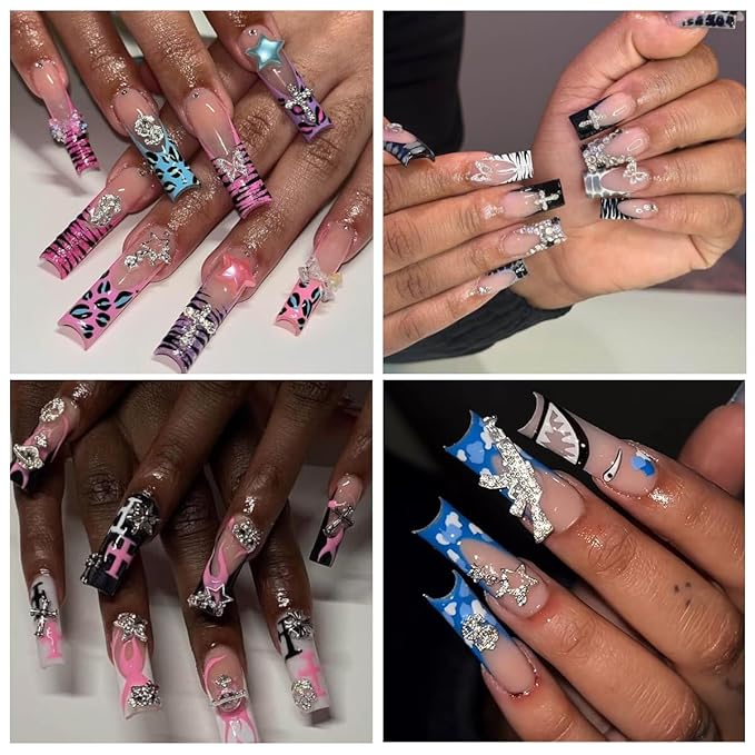 60Pcs Nail Charms Rhinestones Gems Kitty Heart Star Gun Planet Cross Jewelry for Acrylic Nails Accessories Women Nail Decorations Manicure Craft DIY Nail Art Supplies