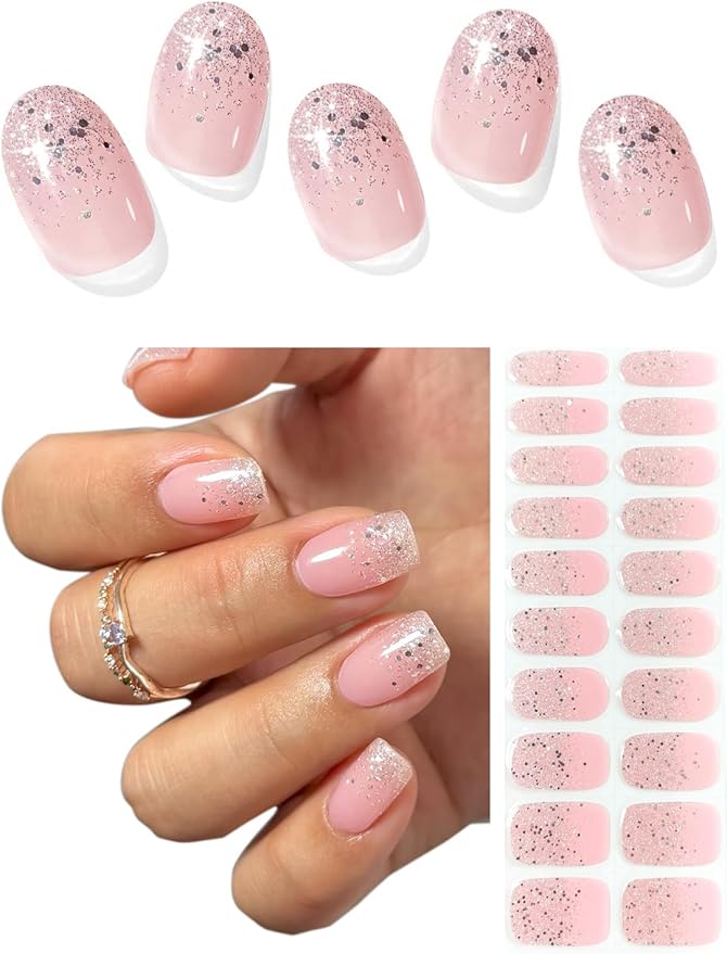 Semi Cured Gel Nail Strips (White Glitter Tip), 20 Pcs Pink Base Gel Nail Wraps, Stickers, Salon Quality, Long Lasting, Works with Any UV Lamps