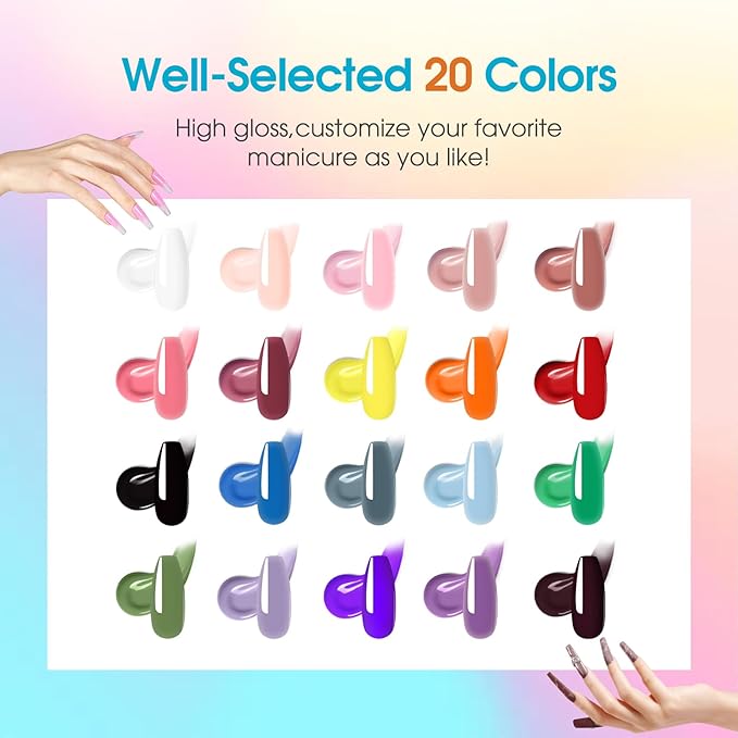 ROSALIND 20 Colors Poly Nail Gel Kit with Mini Nail Lamp Glitter Christmas Poly Nail Gel Kit Collection with Tools Clear All Seasons Classic Colors Halloween Starter Kit