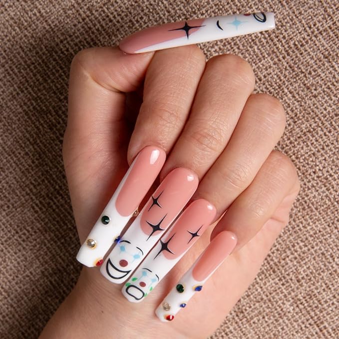 LOVFUL Press on Nails Clown | Handmade with Full Covered Crystals | Reusable Fake Nails | Square | H139-M, pink