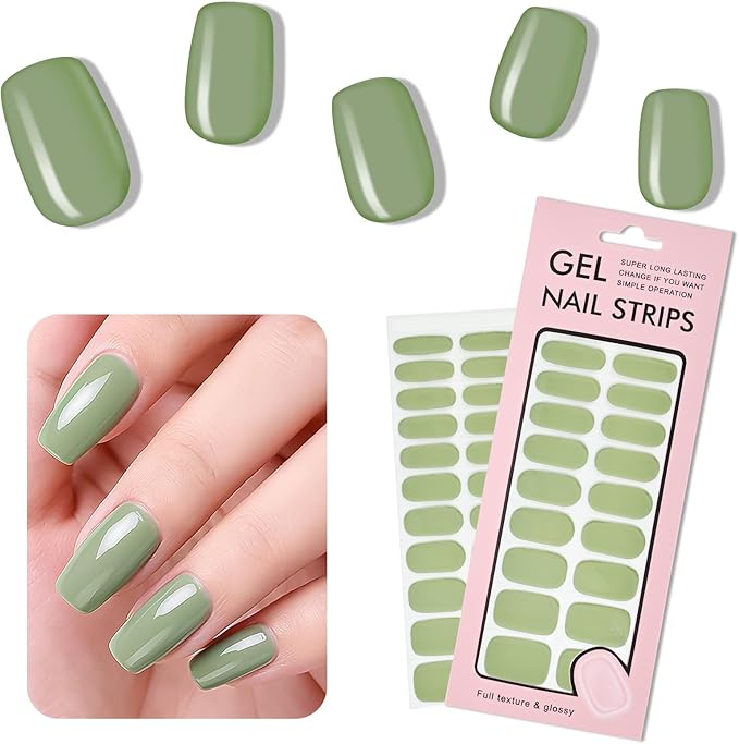 Green Nail Strips, 22 Pcs Long Lasting Gel Nail Wraps Stickers, No Lamp Needed, Easy Apply and Remove with Tools