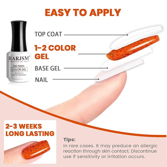 RARJSM Rainbow Glitter Gel Nail Polish Diamond Gel Polish Orange Red Big Flakes Sparkly Chunky Iridescent Pigments Nail Gelpolish Soak off L e d UV Curing Required for Nail Art Salon Manicure