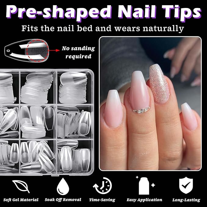 LoveOurHome 360pc Medium Coffin Nail Tips Clear Fake Nails Coffin Soft Gel Nails Tips Full Cover Acrylic Nails Clear Press on Nails Medium False Nails 15 Sizes Fingernail for Gel Nail Extension