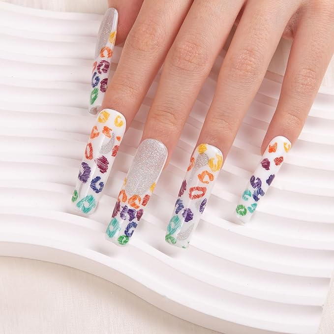 LOVFUL Press on Nails Rainbow Leopard| Handmade with Full Covered Crystals| Reusable Fake Nails| Square Mid length 1.7in| H242-L