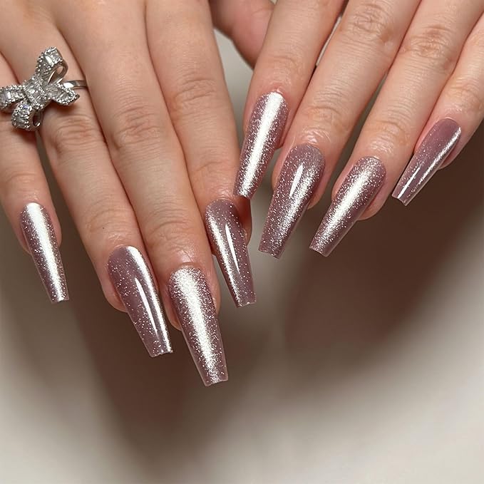 Press on Nails Long Coffin Haze Purple Cat Eye Fake Nails Acrylic Glue on Nails with Silver Glitter Designs Full Cover Acrylic Nails Press ons for Women Daily Wear 24 Pcs