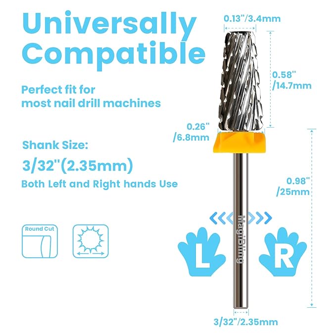 6.6mm Large Tapered Barrel 5-in-1 Nail Drill Bit, 3/32" Cross-Cut Tungsten Carbide Efile Bit for Fast Gel & Acrylic Removal, Two-Way Rotation, Professional Nail Tech & Beginner Bit, Double Coarse.