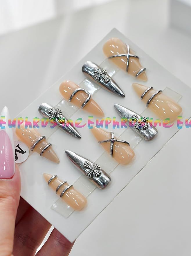 Euphrosyne Silver Chrome Stiletto Press On Nails – 10pcs Long Fake Nails with 3D Gothic Cross Charms | Edgy Metallic Punk Nails for Women, Statement Look for Party or Photoshoot