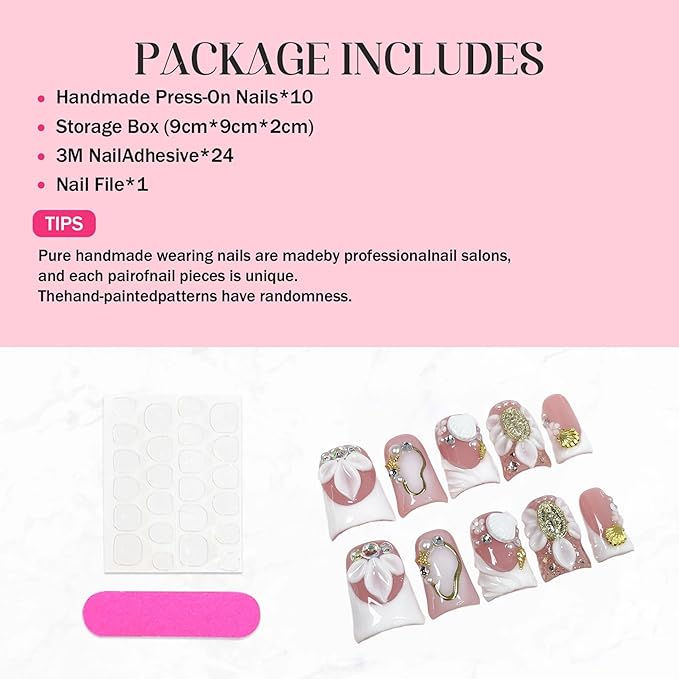 Handmade Press on Nails Medium Duck Fake Nails White French Tip Acrylic False Nails with 3D Flower Design Luxury Full Cover Stick on Nail for Women 10Pcs Manicure (Size M)