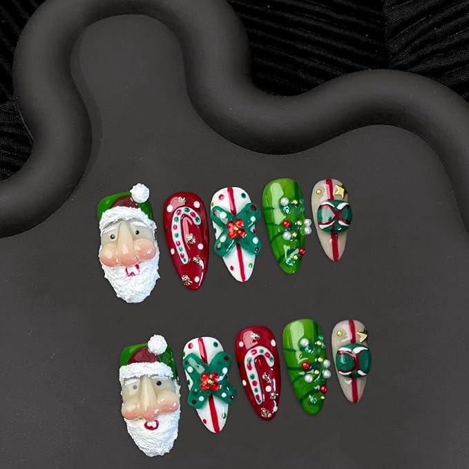 Christmas Press on Nails Short Almond False Nails Luxury Thick Handmade 3D Pearl Rhinestone Design Muti-Layer Gel Xmas Santa Claus False Nails Full Cover Christmas Acrylic Nails for Women (Size M)