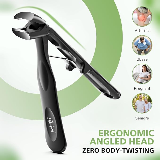 BALUCA Ergonomic Toenail Clippers for Thick Nails for Seniors, Angled Head Large Toe Nail Cutter for Men,Long Handle Nail Clippers with Catcher, Black